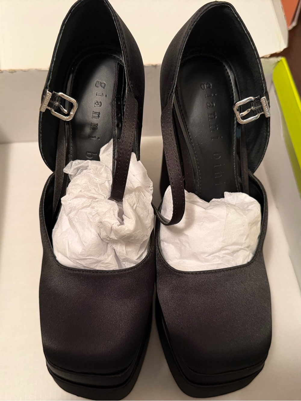 Gianni Bini Black Satin Square Toe Platform Mary Jane Heels